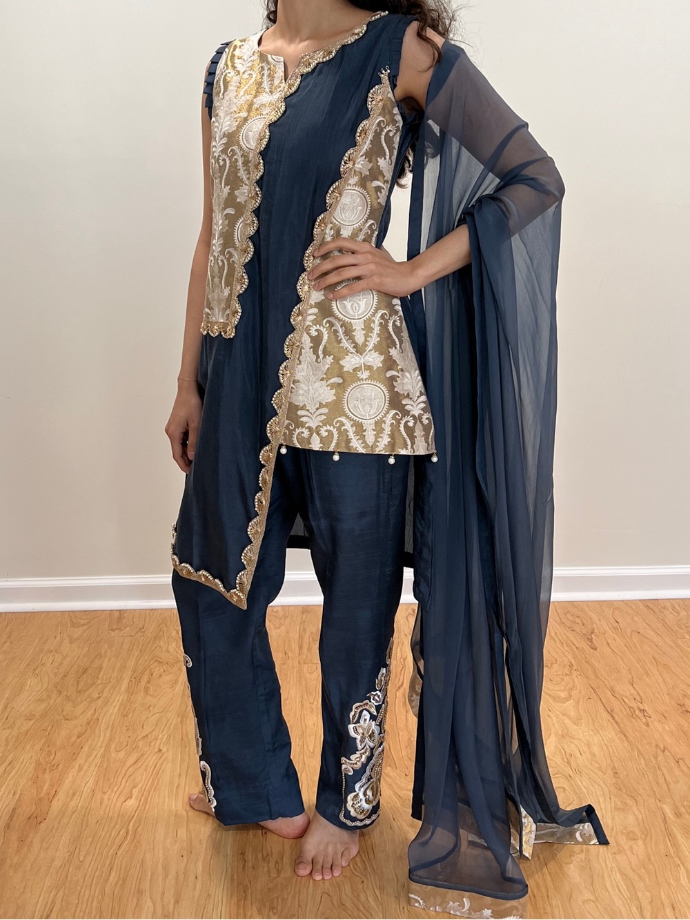 NEW Dusty Navy & Gold Embroidered Shalwar Kameez, Indian/Pakistani Coord Set